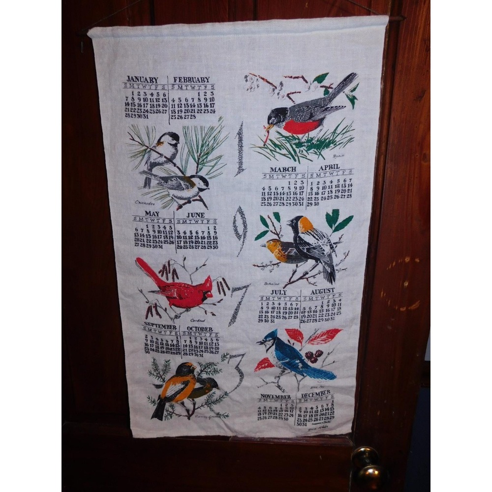 Vintage 1973 Jane Klabe Linen Calendar Tea Towel Birds
